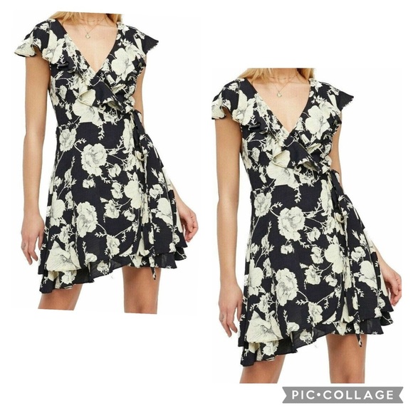 FREE PEOPLE Women’s Onyx Combo French Quarter Floral Wrap Dress Ruffle Size S - Picture 1 of 10